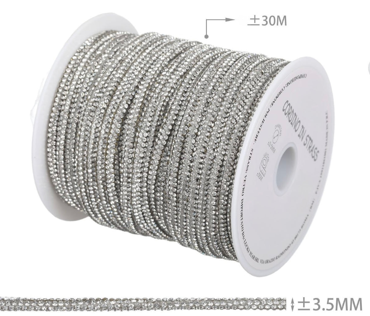 Cordino in Strass 3,5 mm – Rotolo 30 m | Bordino Luminoso per Borse