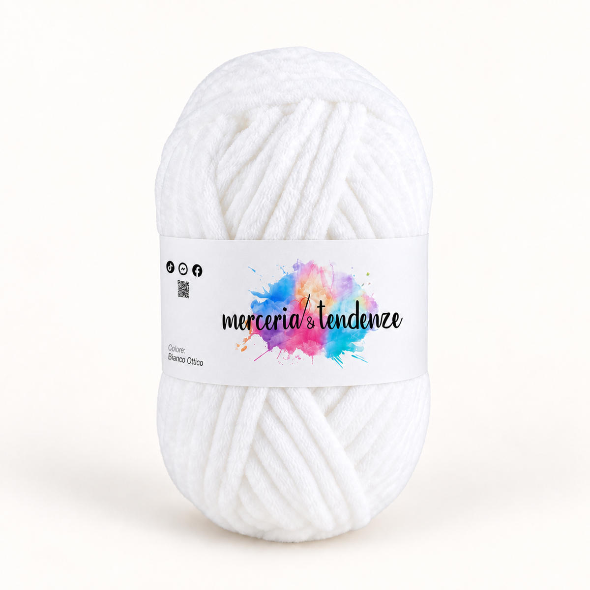 Filato ciniglia Bianco Ottico, gomitolo 100 g con etichetta acquerello Merceria & Tendenze
