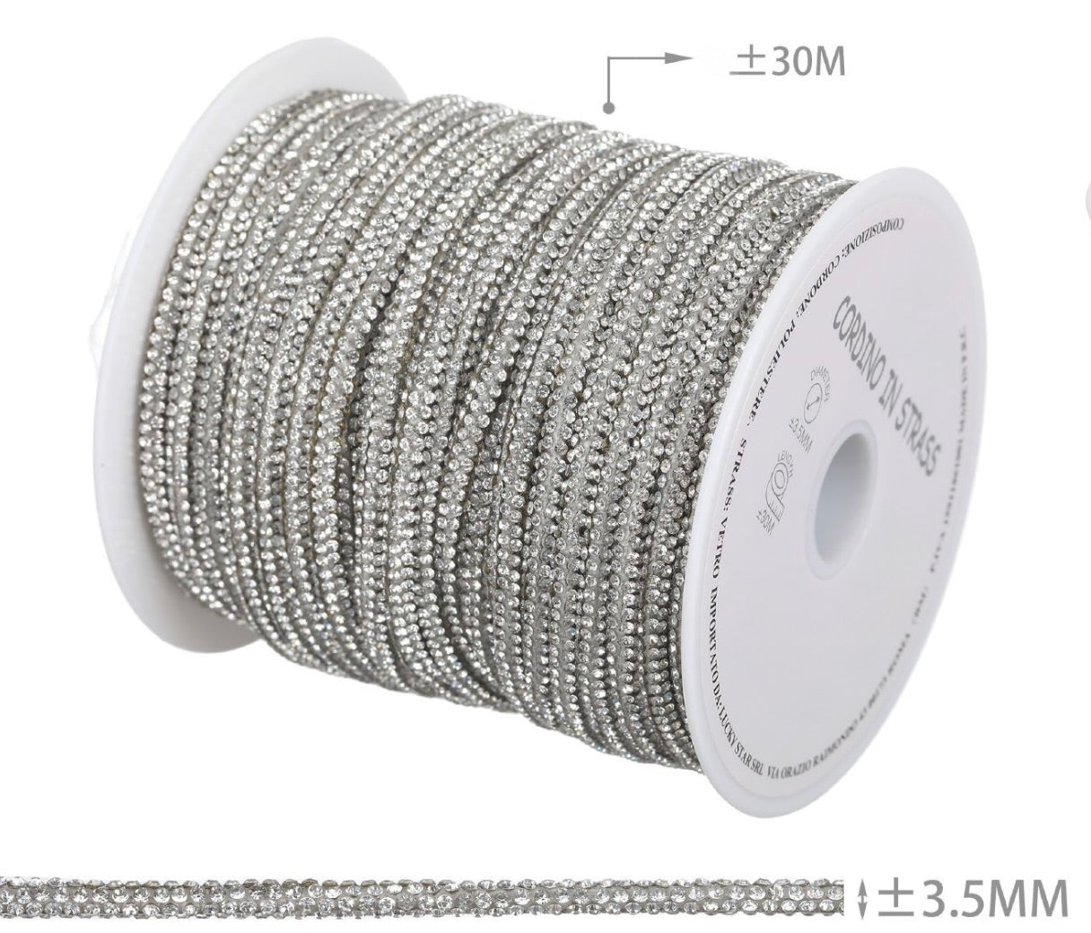 Cordino in Strass 3,5 mm – Rotolo 30 m | Bordino Luminoso per Borse
