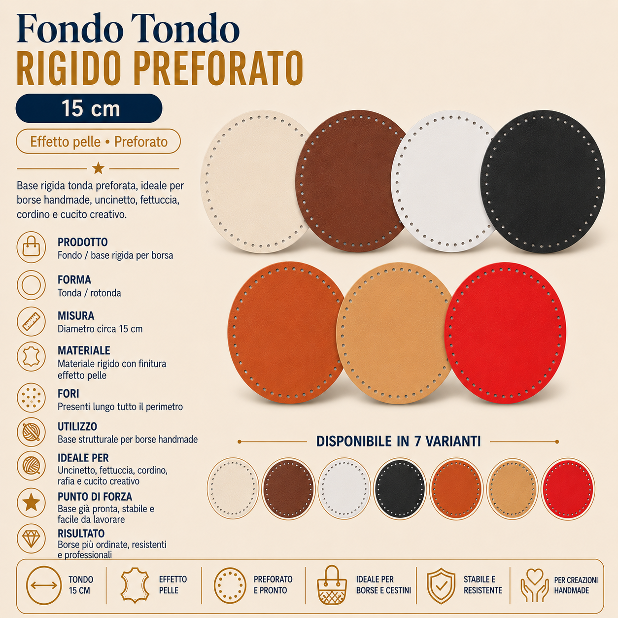Fondo Tondo Rigido Preforato 15 cm per Borse Handmade