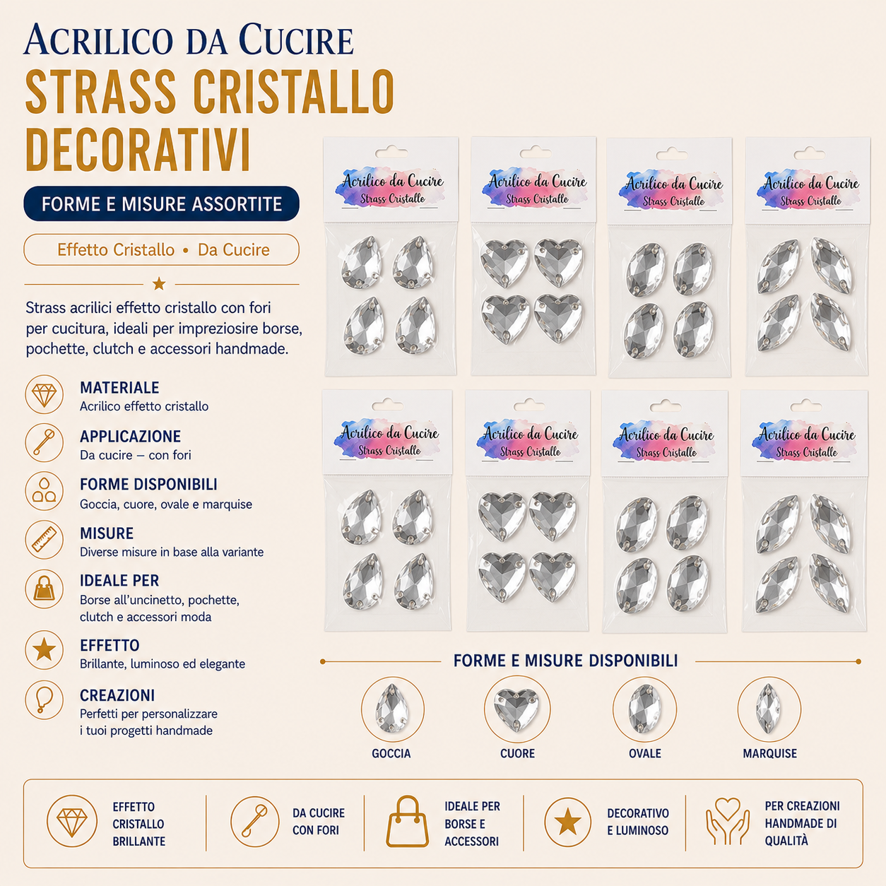 Strass Acrilici da Cucire per Borse Handmade – Cristalli Decorativi in Varie Forme e Misure