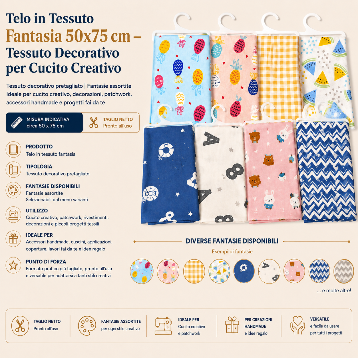 Telo in Tessuto Fantasia 50x75 cm – Tessuto Decorativo per Cucito Creativo