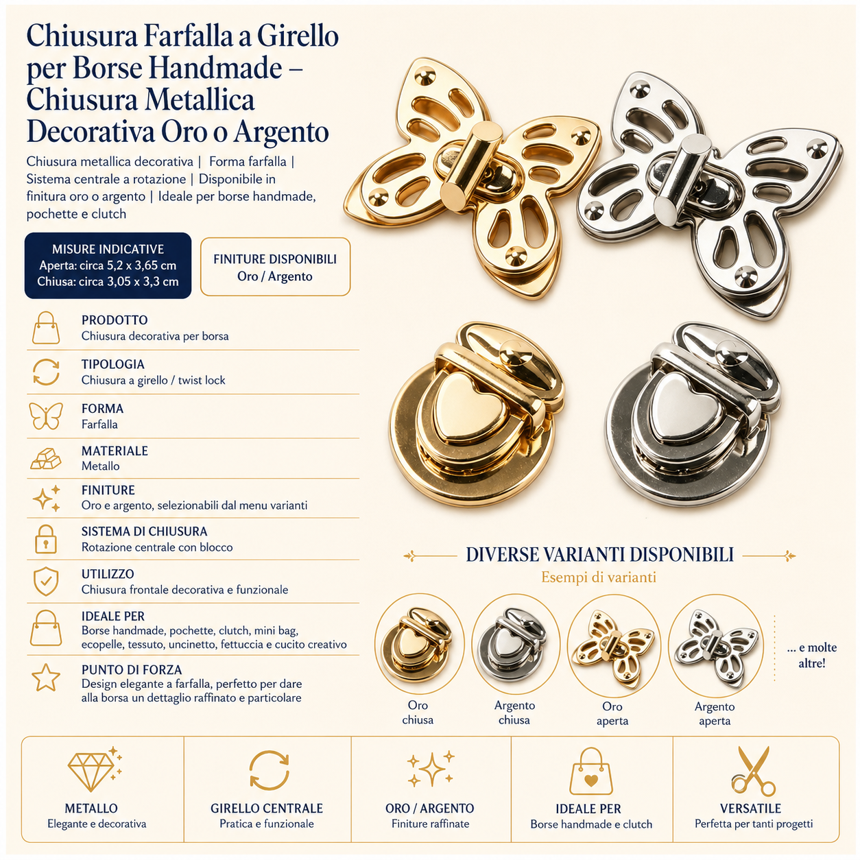 Chiusura Farfalla a Girello per Borse Handmade – Chiusura Metallica Decorativa Oro o Argento