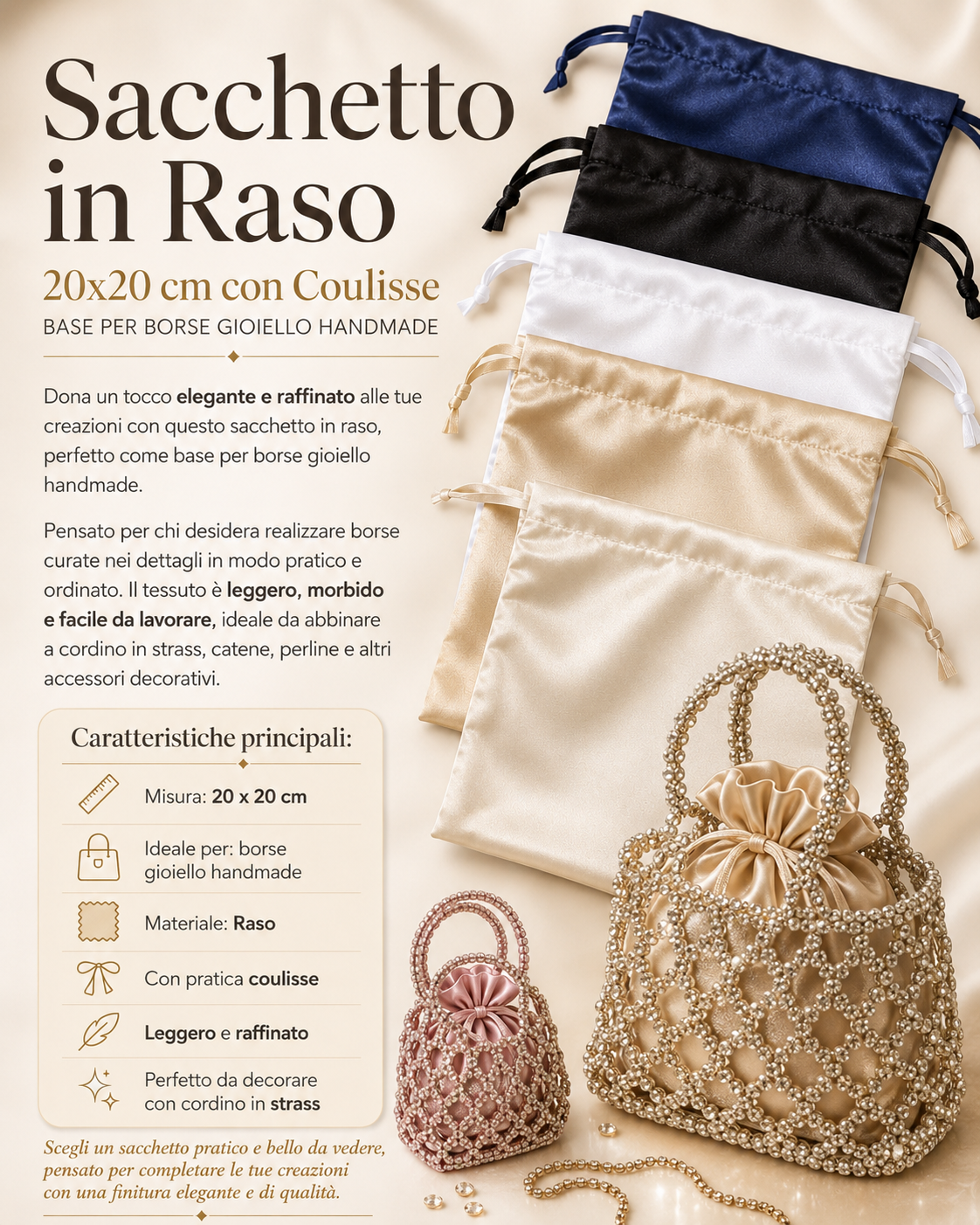 Sacchetto in Raso 20x20 cm con Coulisse – Base per Borse Gioiello Handmade