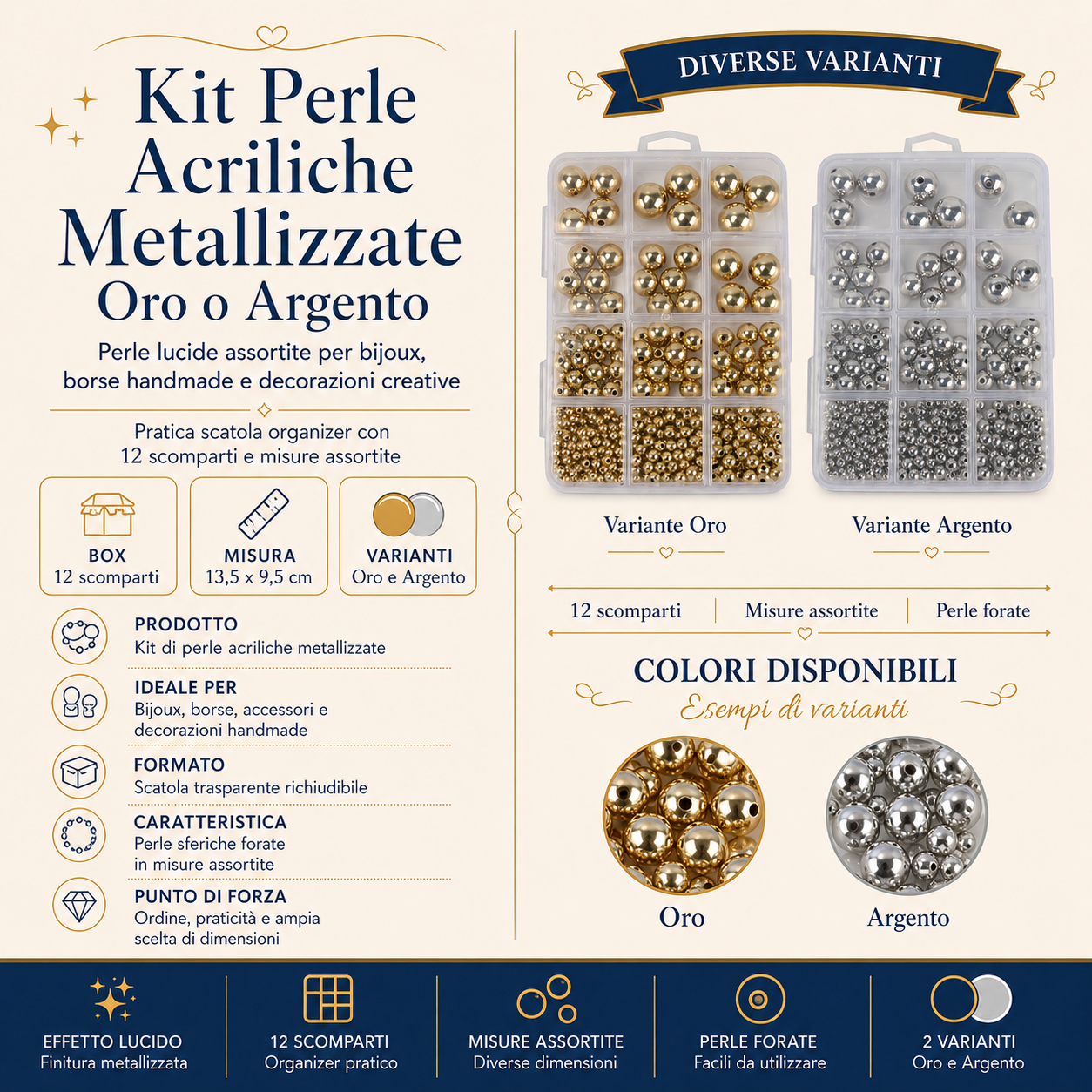 Kit Perle Acriliche Metallizzate in Box – 12 Scomparti, Misure Assortite, Oro o Argento