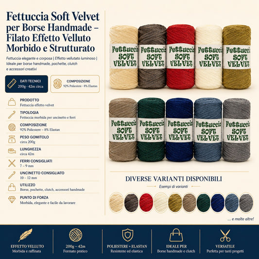 Fettuccia Soft Velvet – Fettuccia Effetto Velluto per Borse e Accessori Uncinetto  92% Poliestere – 8% Elastan | 200g – 42m circa | Ferri 7-9 / Uncinetto 10-12