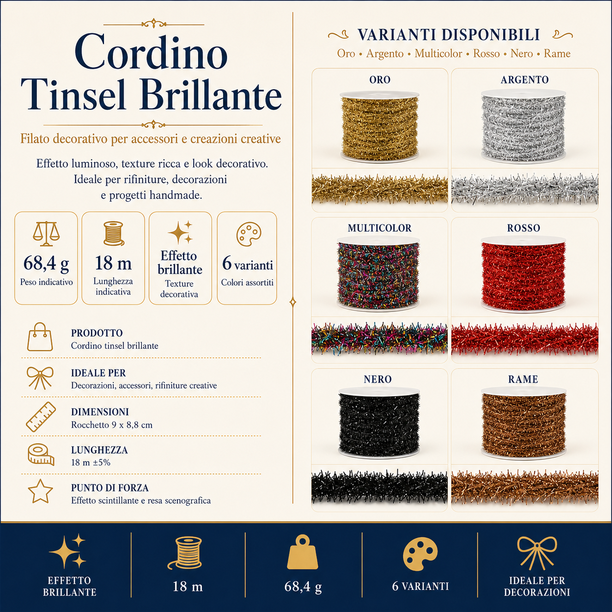 Cordino Tinsel Brillante 68,4g – Filato Lurex Decorativo 18m per Accessori, Rifiniture e Progetti Handmade