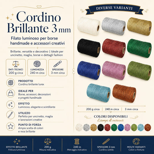 Cordino Lurex Brillante 3mm 200g – Filato Metallizzato 240m per Borse, Accessori e Progetti Handmade