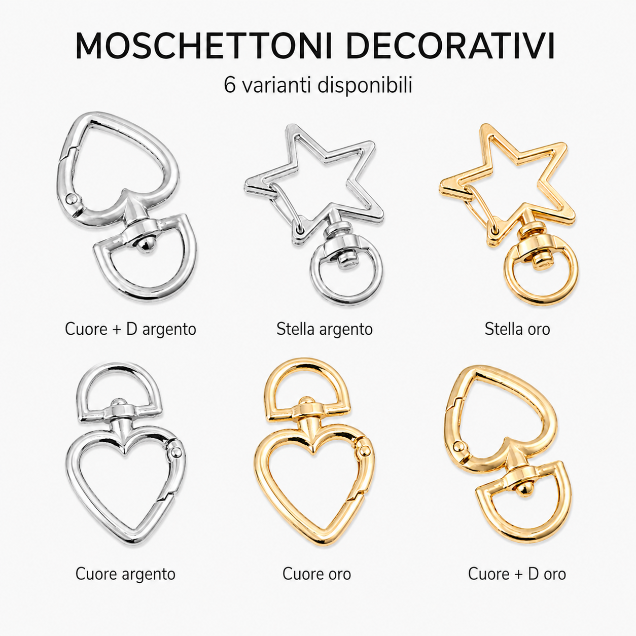 Decorative Carabiner for Bags, Heart and Star – Swivel Metal Hook in Gold or Silver