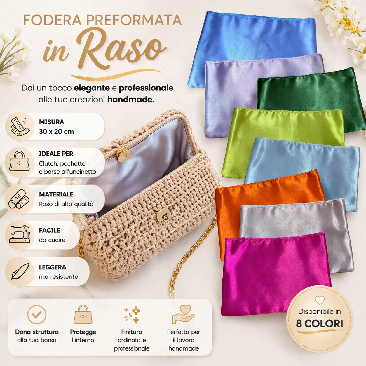 Fodera in Raso preformata  30x20 cm per clutch e borse handmade – Made in Italy