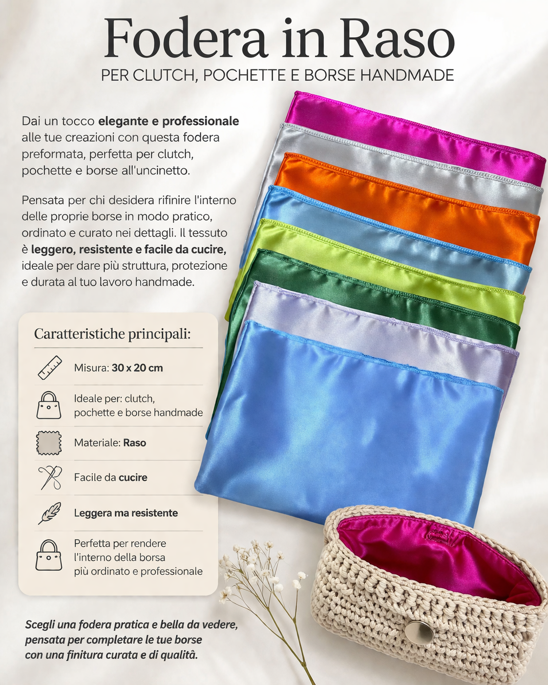 Fodera in Raso preformata  30x20 cm per clutch e borse handmade – Made in Italy