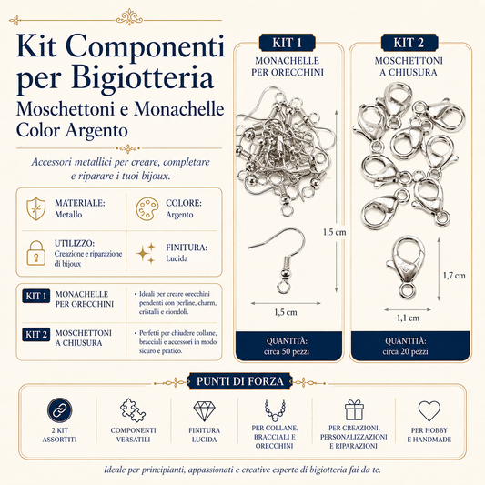 Componenti per Bigiotteria – Moschettoni e Monachelle Color Argento
