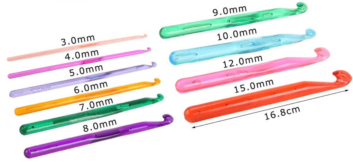 Set crochet 10 Uncinetti Colorati in Plastica 3-15 mm – Ideali per Uncinetto Creativo e Filati di Ogni Spessore