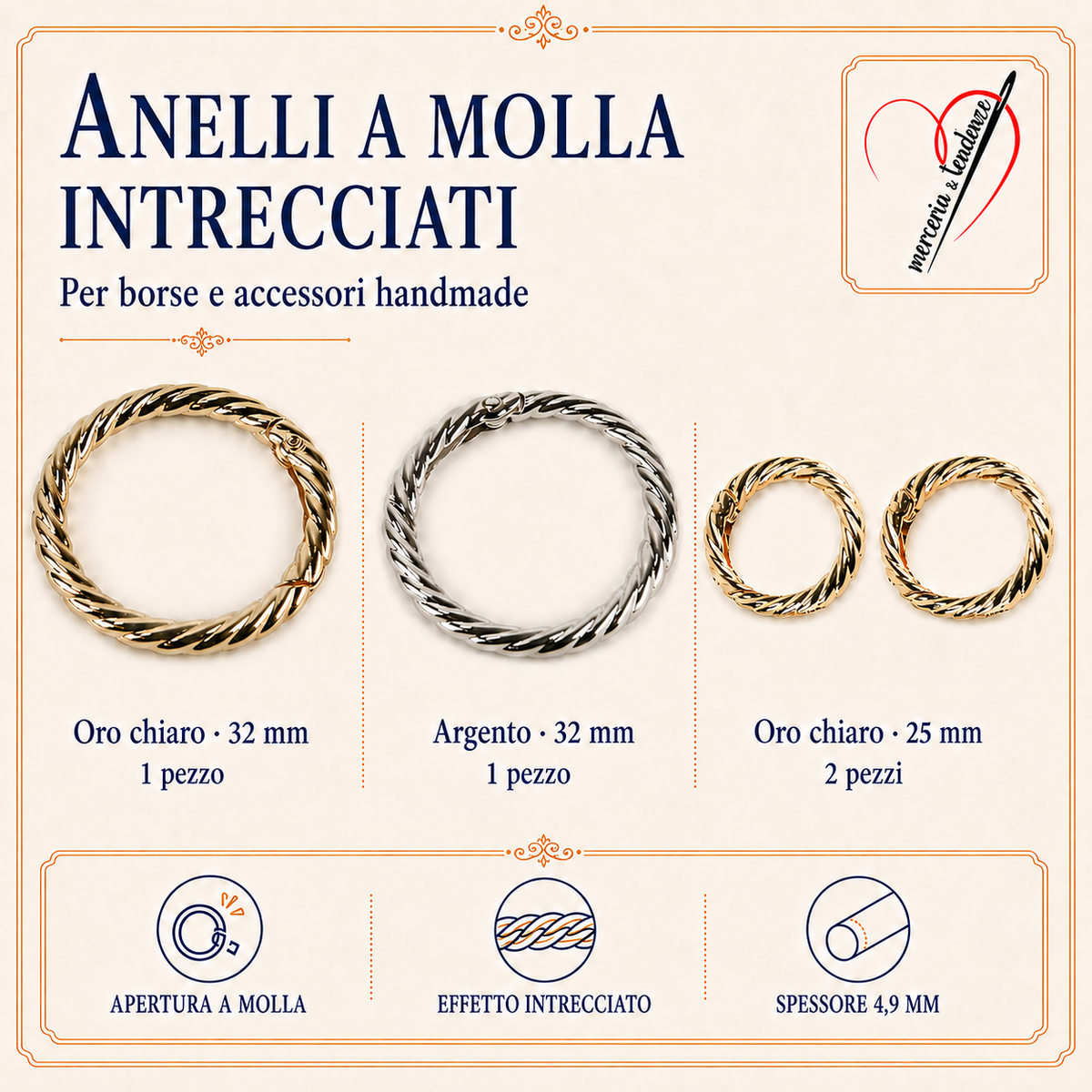 Anelli a molla intrecciati per borse, oro chiaro e argento, misure 25 e 32 mm, con logo Merceria & Tendenze