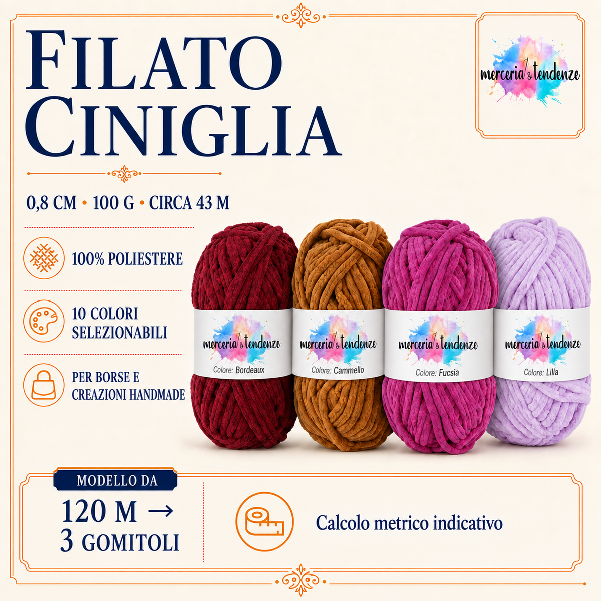 Filato Ciniglia Soft 0,8 cm, copertina con gomitoli ed etichette acquerello Merceria & Tendenze