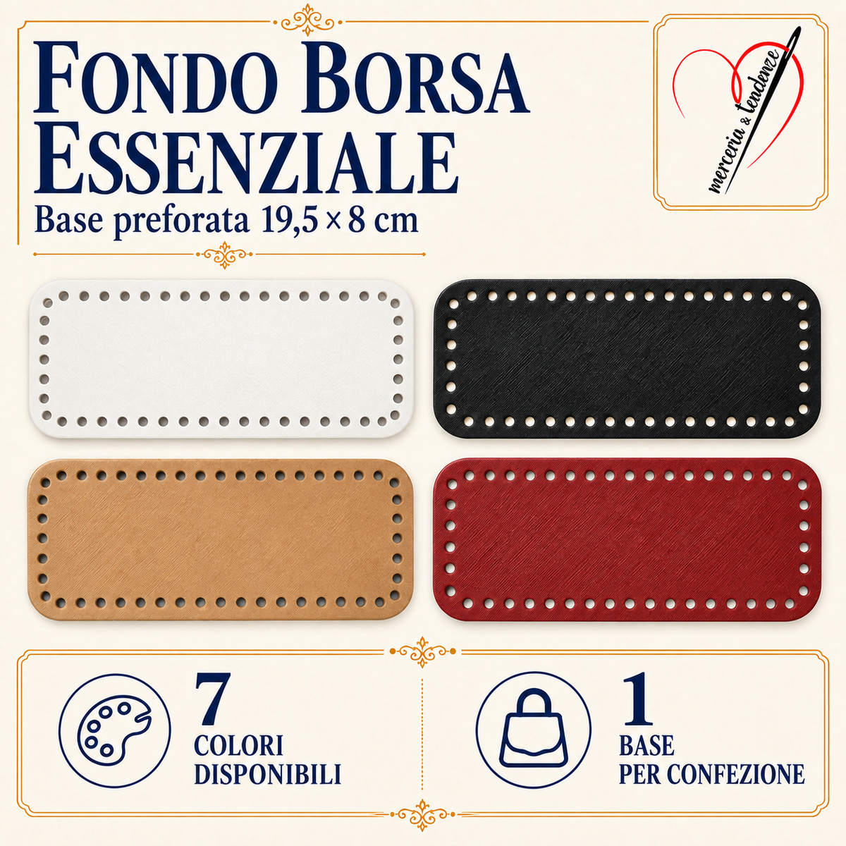 Fondo Borsa Essenziale: base rettangolare preforata 19,5 x 8 cm, colori disponibili
