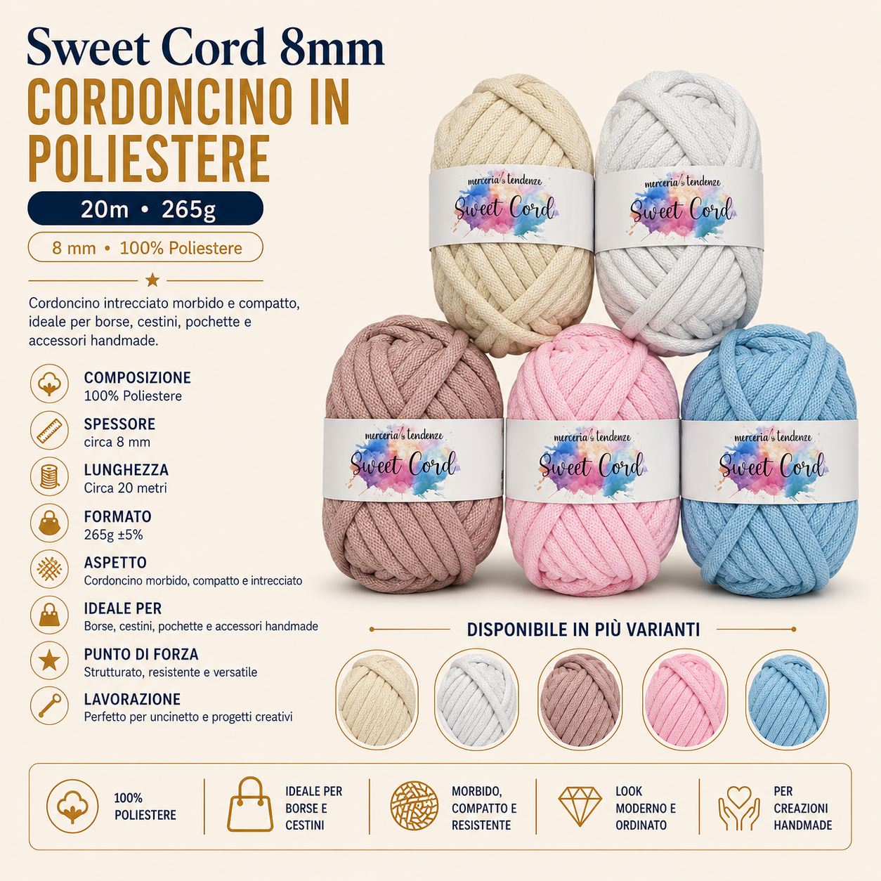 Sweet Cord 8mm – Cordoncino in Poliestere 20m 265g
