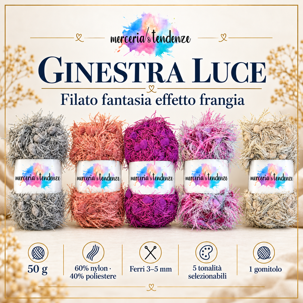 Ginestra Luce, filato fantasia effetto frangia in cinque tonalità