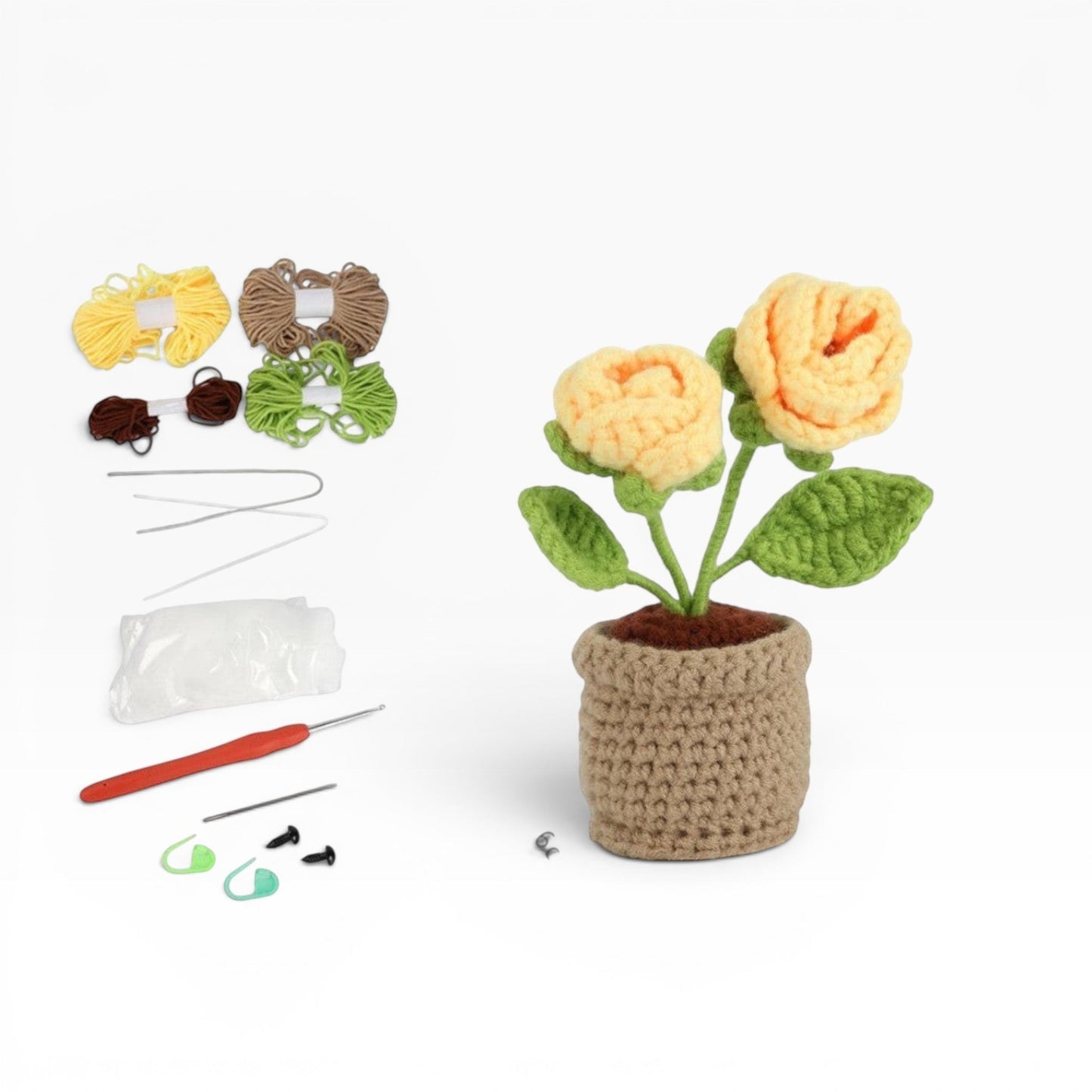 Kit completo Merceria & Tendenze per uncinetto fai da te con filati colorati, uncinetto e rose gialle in vaso finite