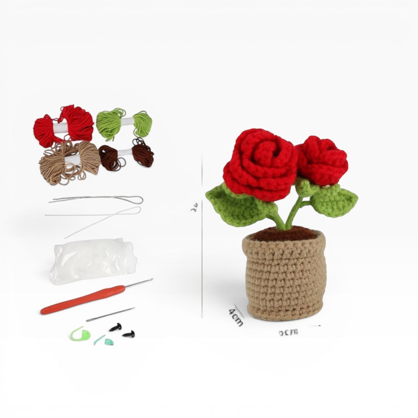 Kit uncinetto Merceria & Tendenze per realizzare rose rosse in vaso, con filati, uncinetto, imbottitura e istruzioni.
