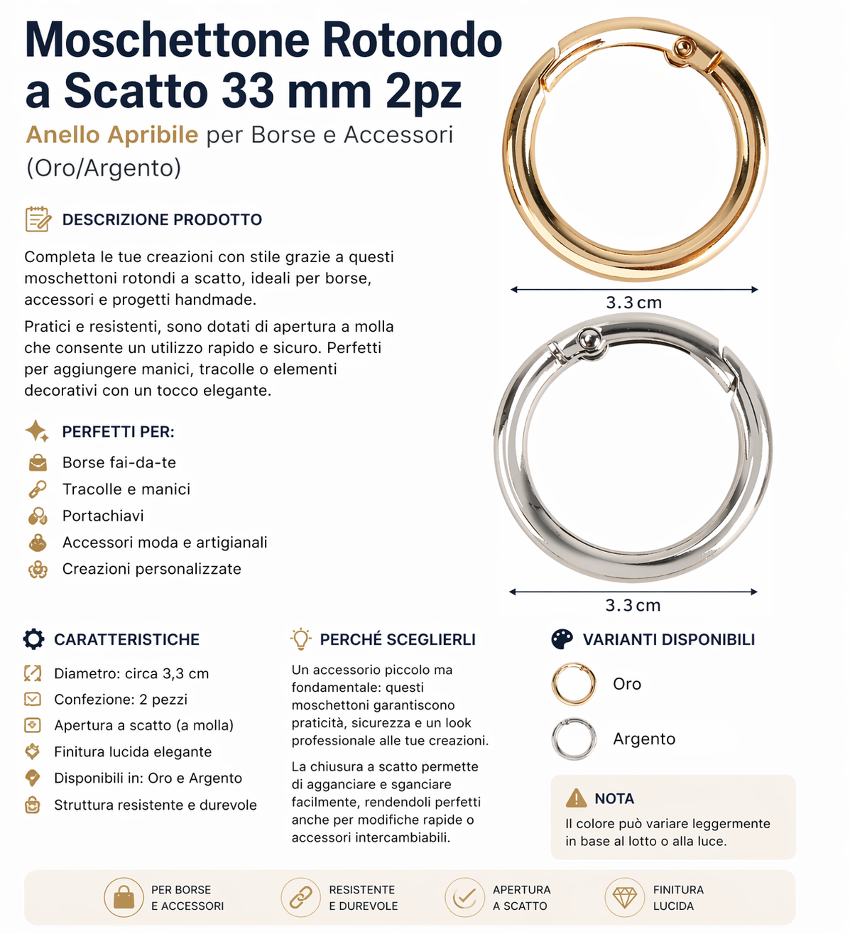 Moschettone Rotondo a Scatto 33 mm 2pz – Anello Apribile per Borse e Accessori (Oro/Argento)